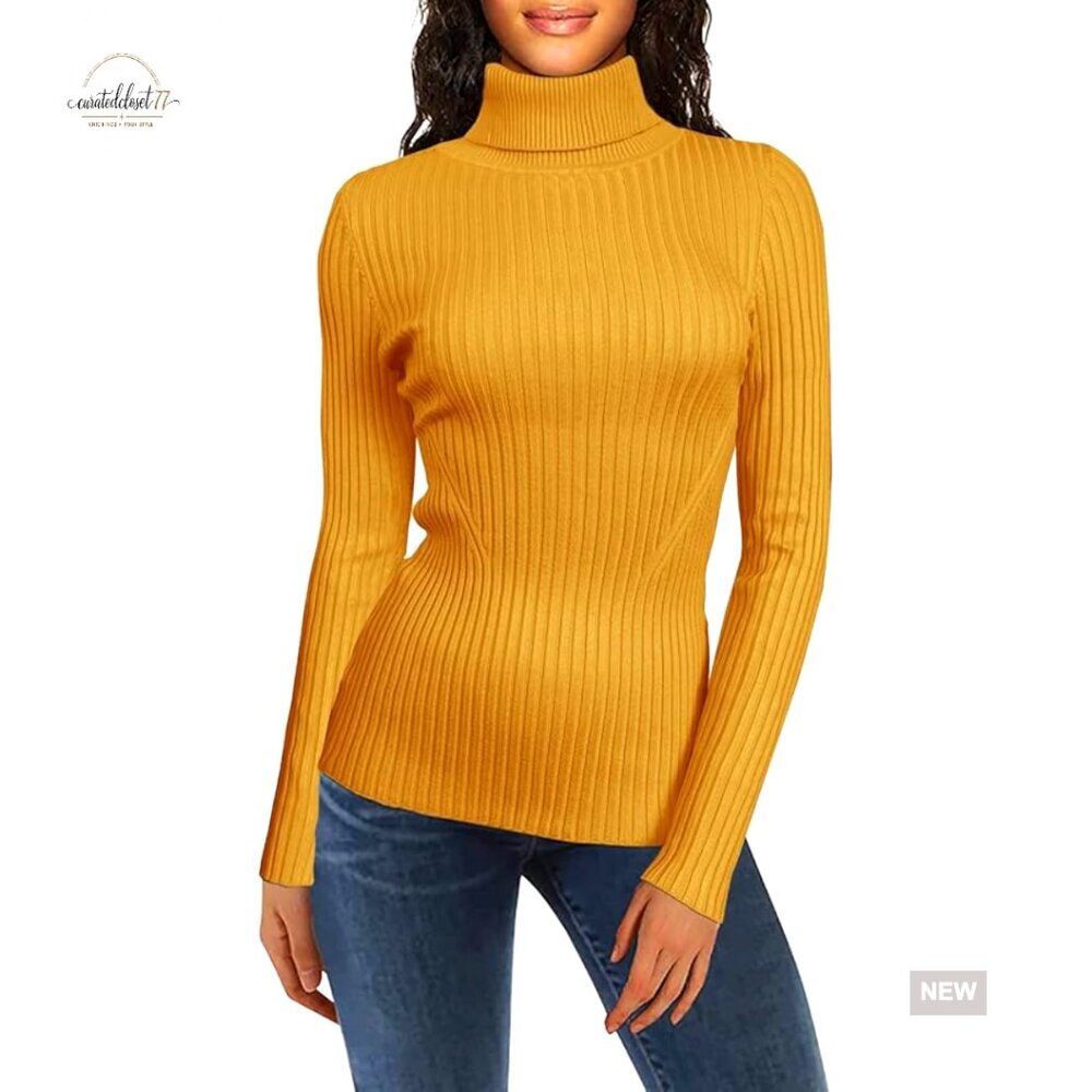 Turtleneck Ribbed Sweater Women Fitted Pullover Viscose Knit Long Sleeve